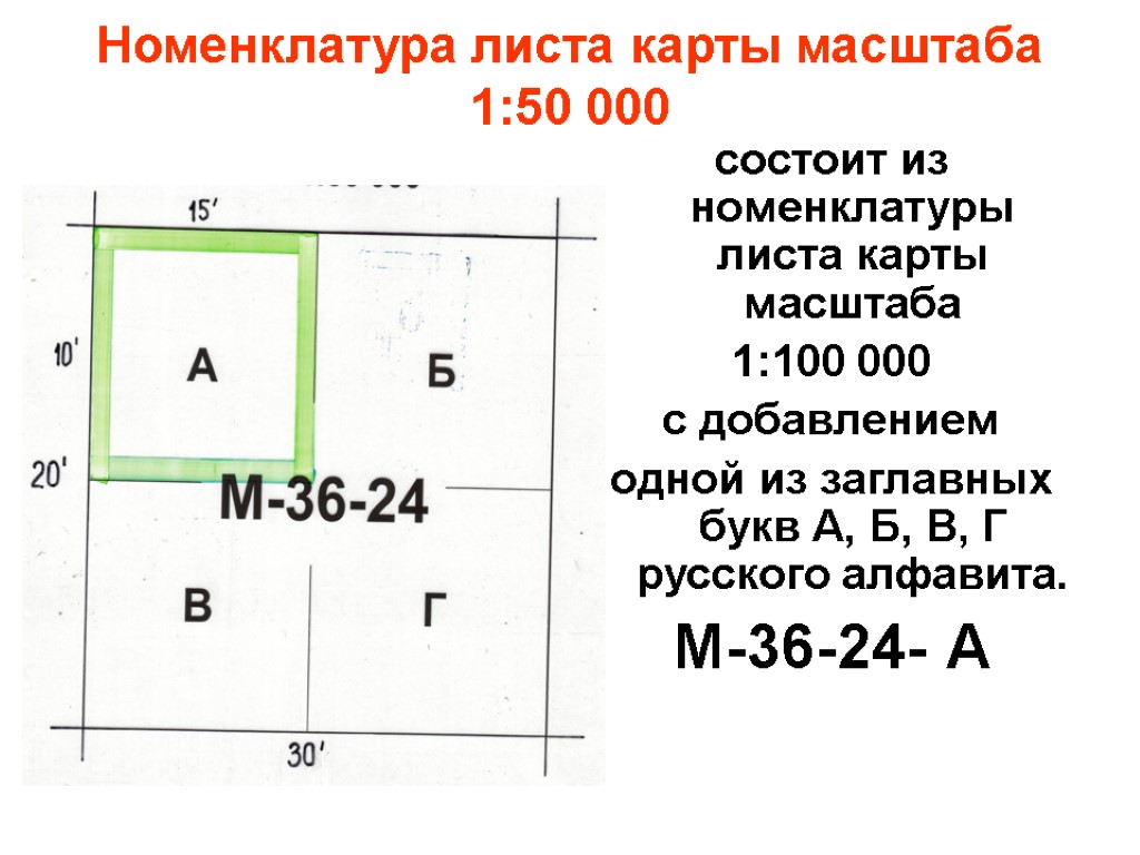 Номенклатура листа карты масштаба 1:50 000 состоит из номенклатуры листа карты масштаба 1:100 000